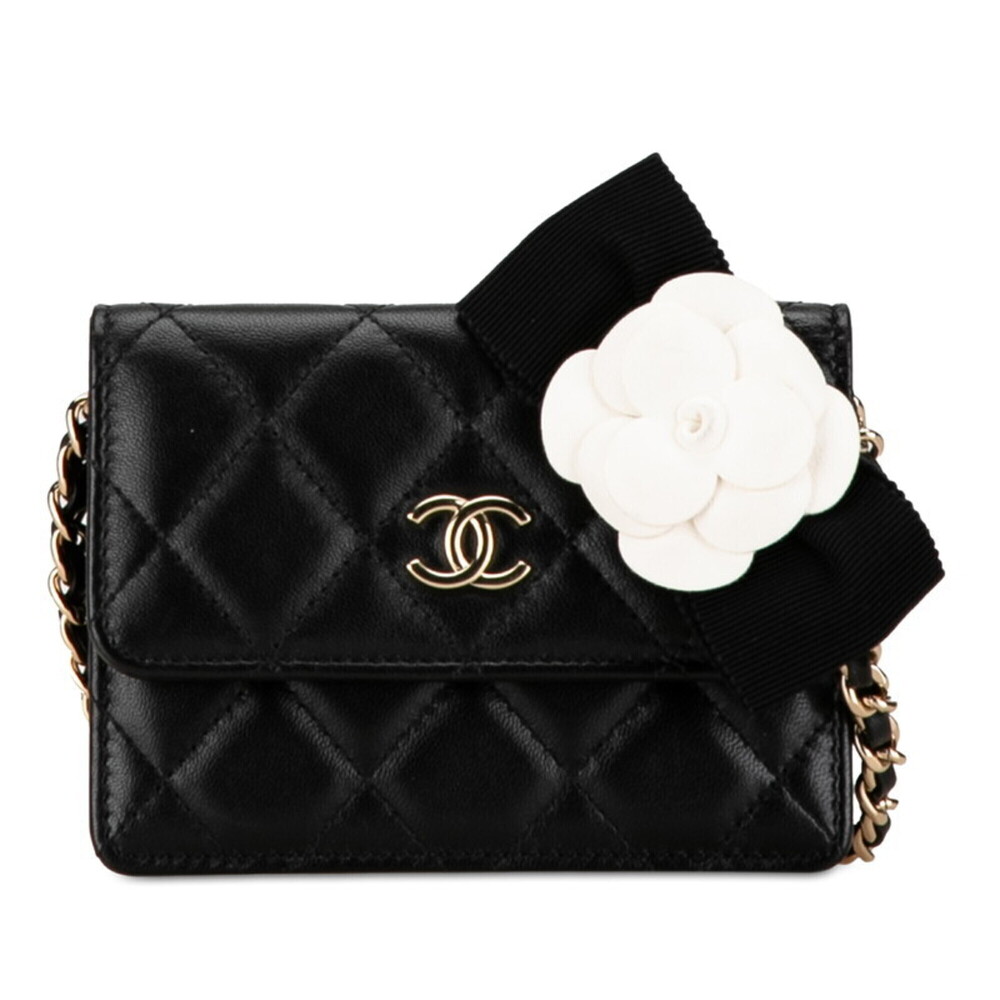 Chanel Matelassé Coco Mark Camellia Mini Chain Shoulder Wallet, Black Lambski...